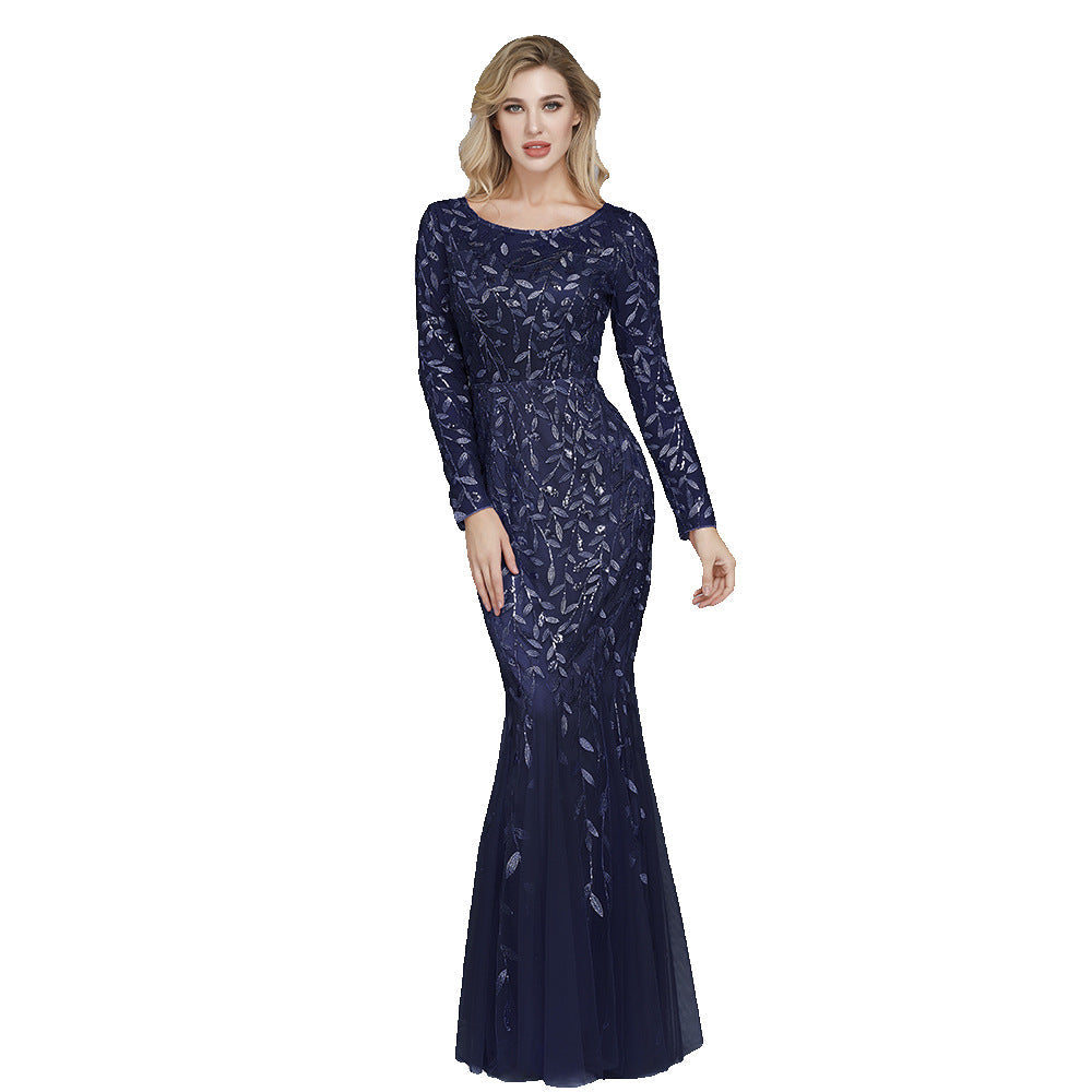 Sequin Round Neck Long Sleeve Mermaid Gown