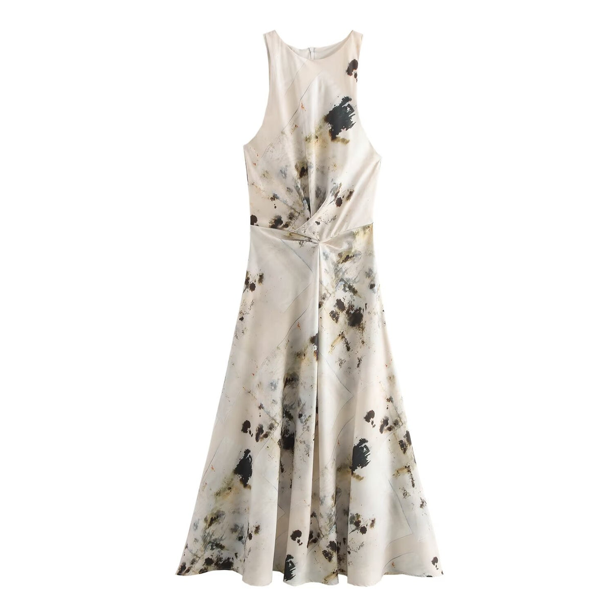 Abstract Print Satin Racer Neck Sleeveless Twist Waist Midi Dress 9