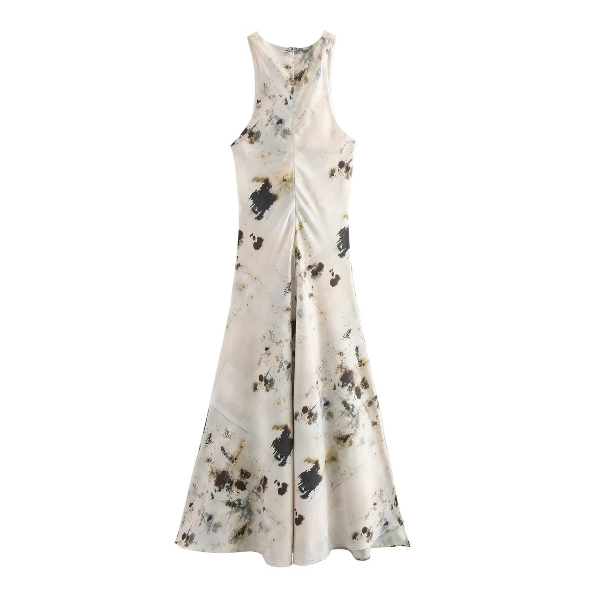 Abstract Print Satin Racer Neck Sleeveless Twist Waist Midi Dress 2