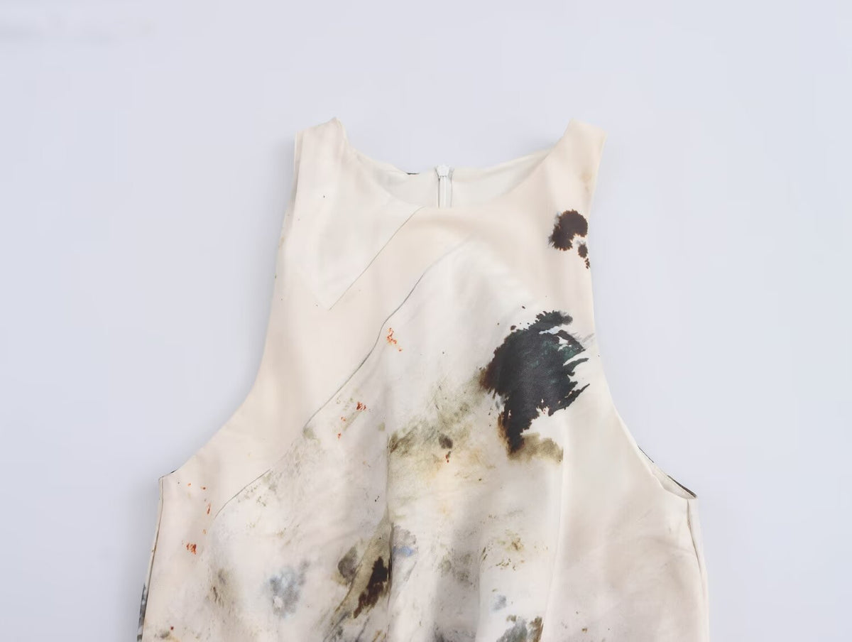 Abstract Print Satin Racer Neck Sleeveless Twist Waist Midi Dress 3