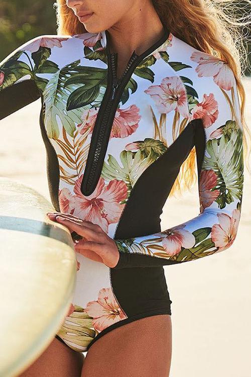 Leaf Print Zipper Long Sleeve One Piece Swimwear