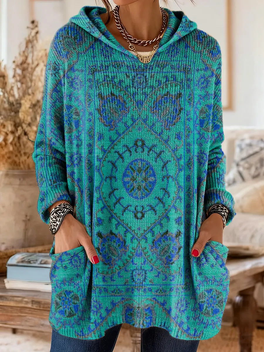 Medallion Print Hooded Oversized Tunic Sweater