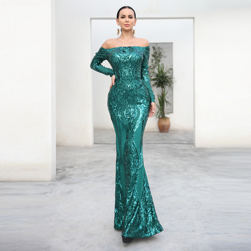 Sequin Off Shoulder Long Sleeve Sweetheart Mermaid Gown