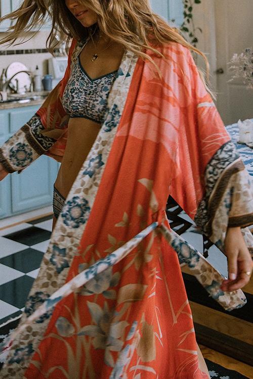 Floral Print Belted Cardigan