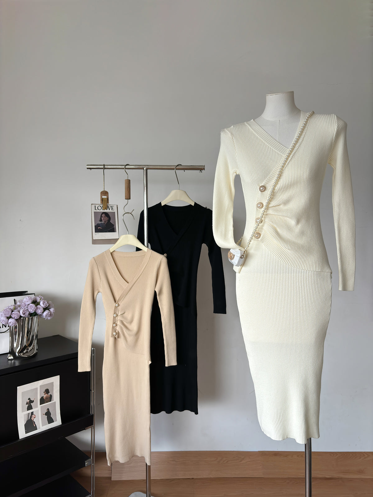 Ribbed Knit V-Neck Long Sleeve Ruched Button Side Split Bodycon Midi Dress