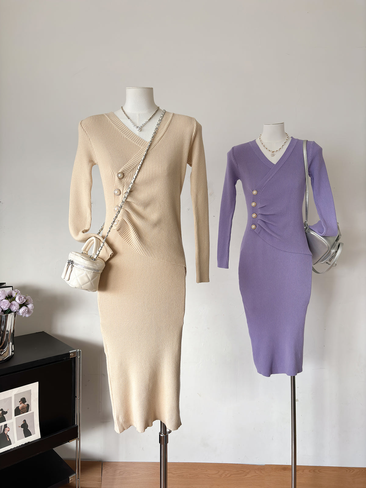 Ribbed Knit V-Neck Long Sleeve Ruched Button Side Split Bodycon Midi Dress 5