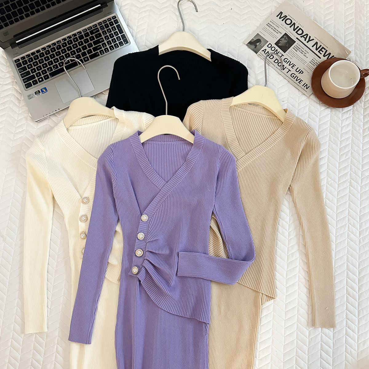 Ribbed Knit V-Neck Long Sleeve Ruched Button Side Split Bodycon Midi Dress 7