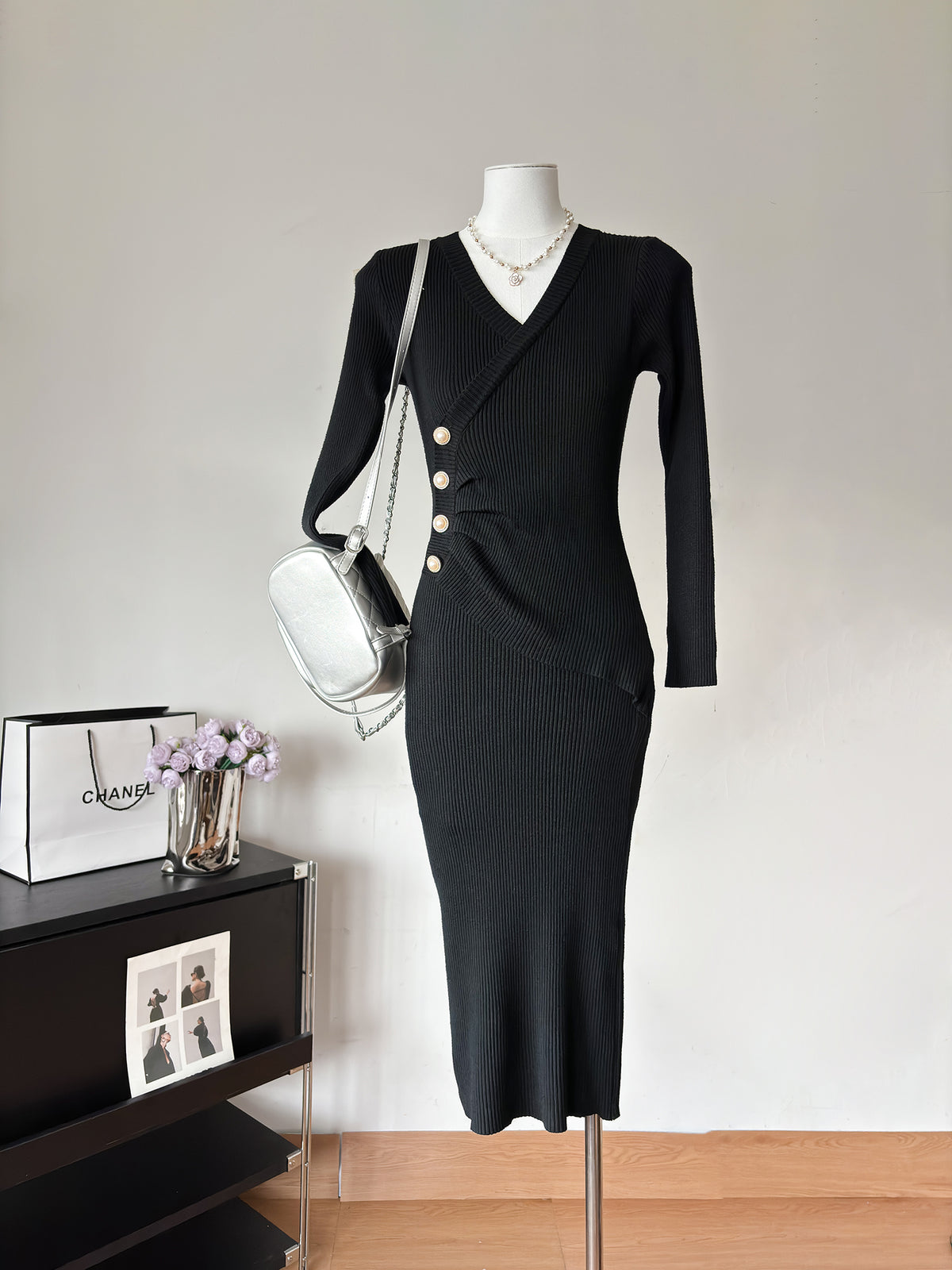 Ribbed Knit V-Neck Long Sleeve Ruched Button Side Split Bodycon Midi Dress 9