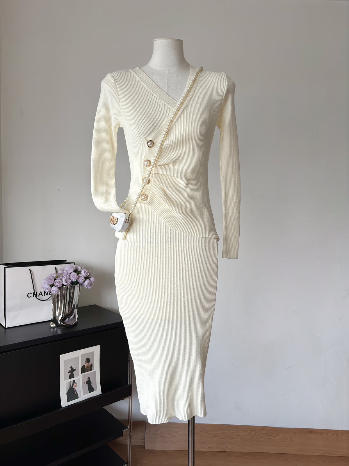 Ribbed Knit V-Neck Long Sleeve Ruched Button Side Split Bodycon Midi Dress 10