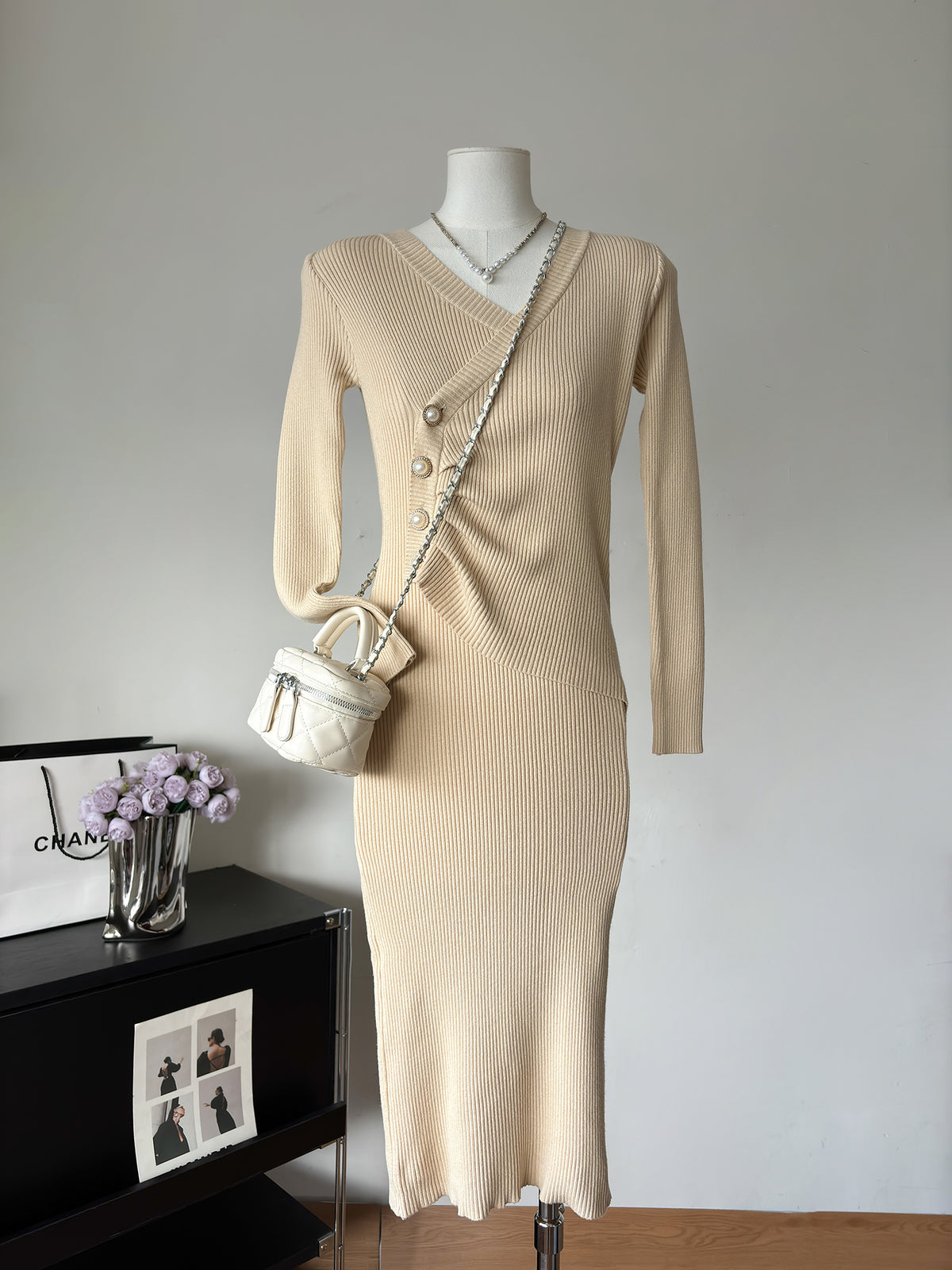 Ribbed Knit V-Neck Long Sleeve Ruched Button Side Split Bodycon Midi Dress 11