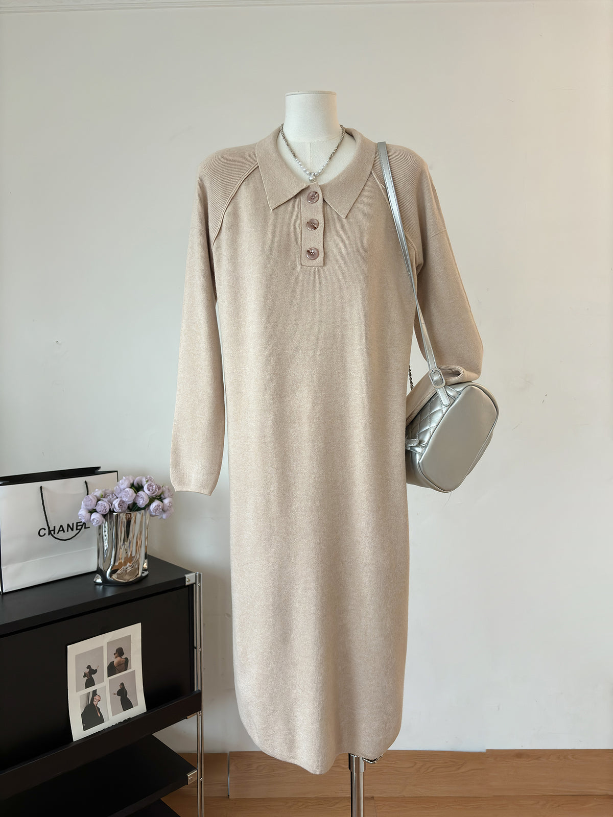 Polo Collar Button Placket Long Sleeve Knit Midi Sweater Dress