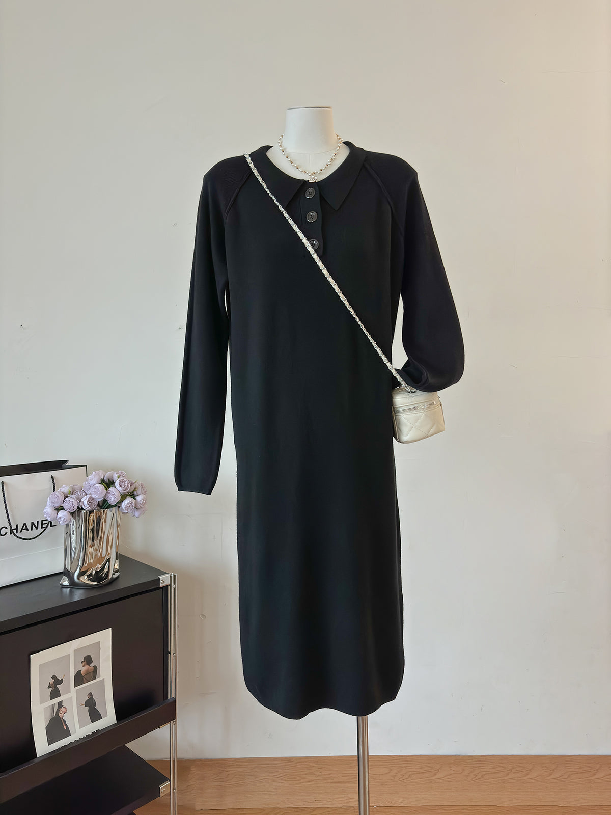 Polo Collar Button Placket Long Sleeve Knit Midi Sweater Dress 2