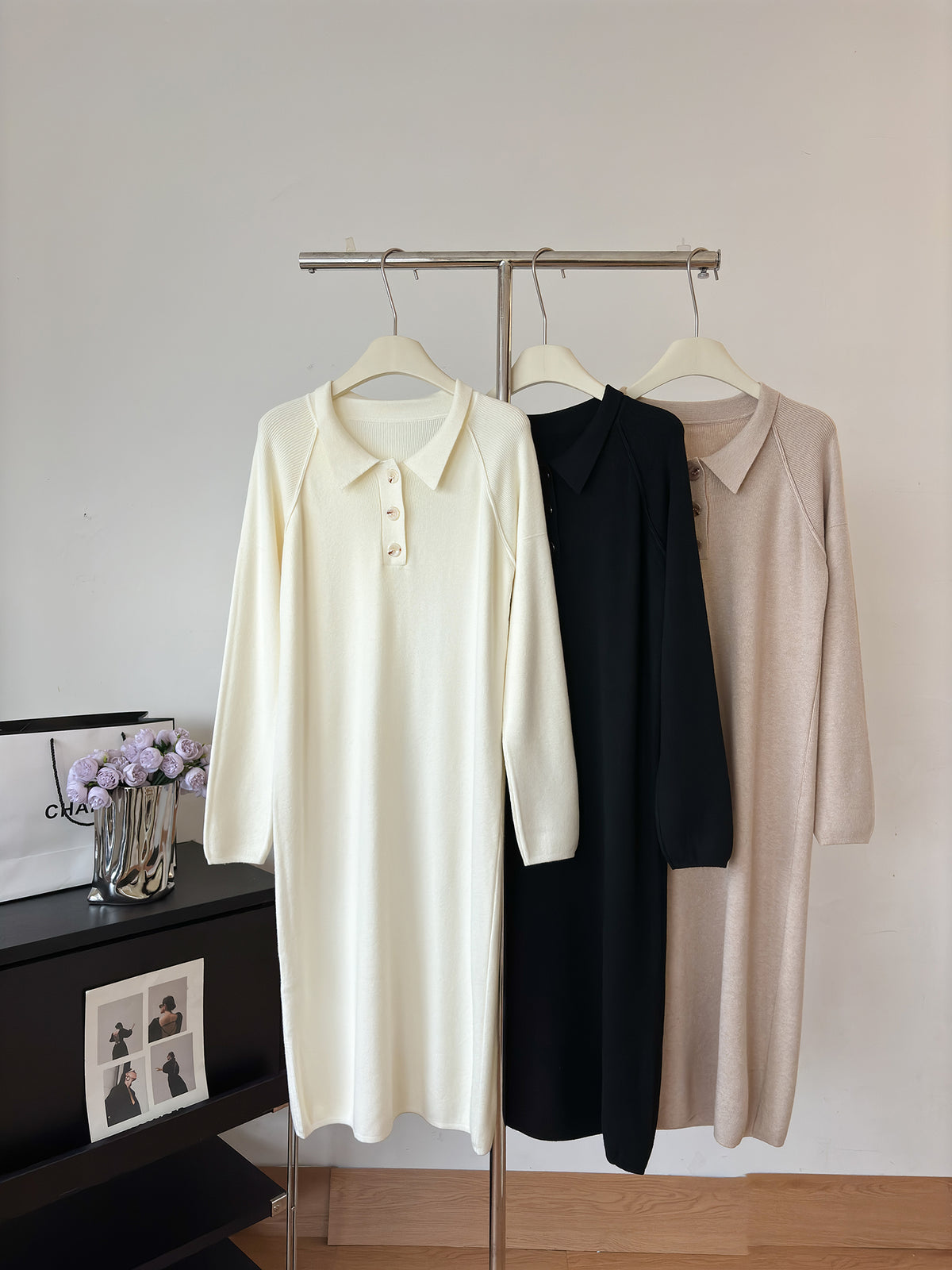 Polo Collar Button Placket Long Sleeve Knit Midi Sweater Dress 5