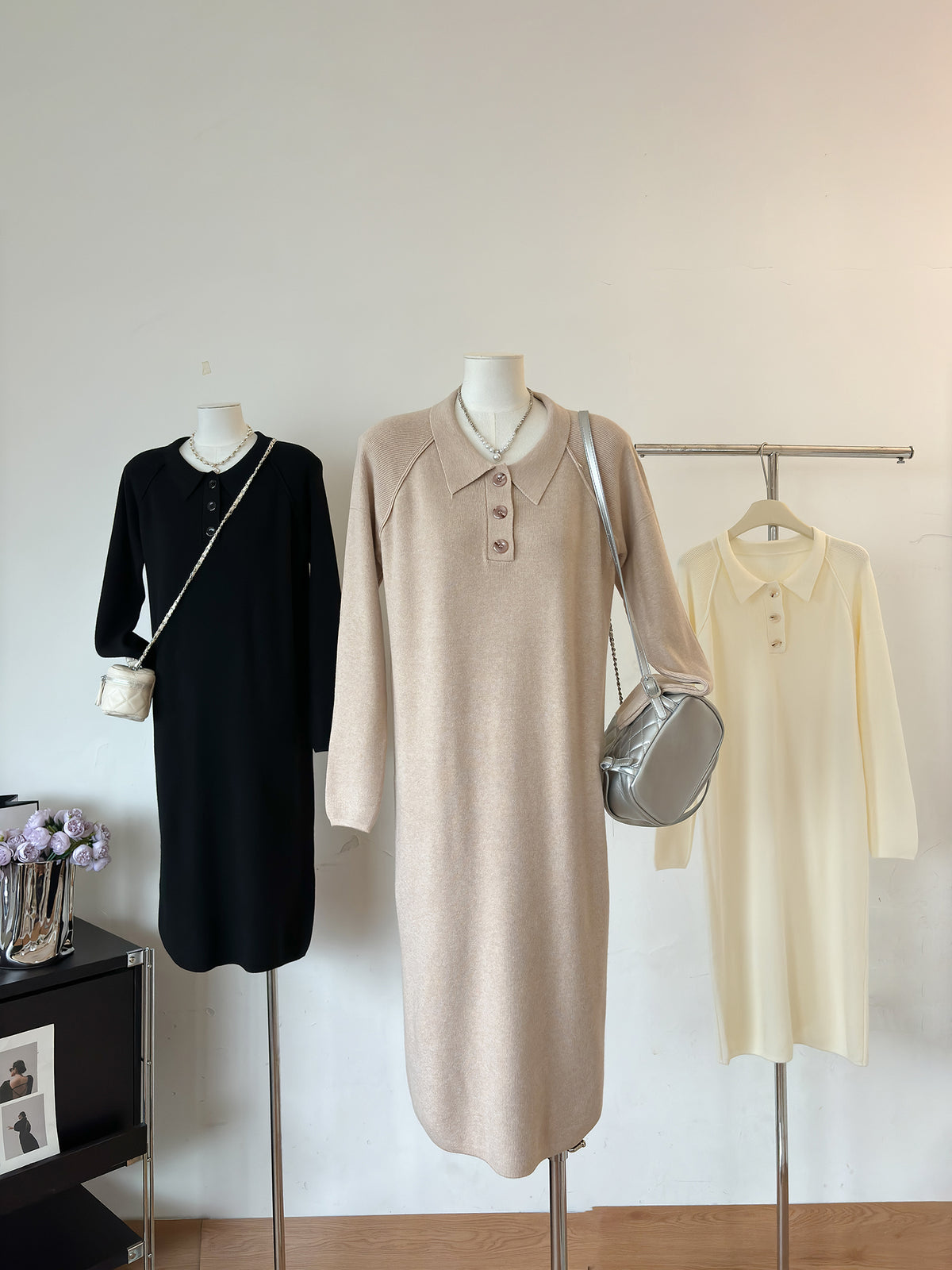 Polo Collar Button Placket Long Sleeve Knit Midi Sweater Dress 6