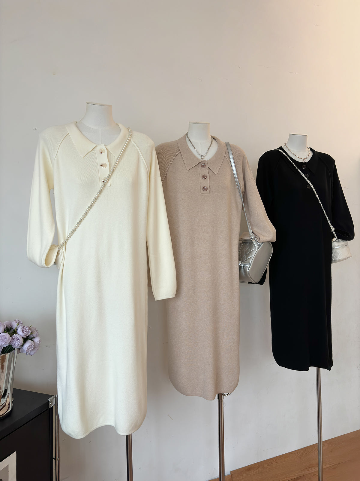 Polo Collar Button Placket Long Sleeve Knit Midi Sweater Dress 7