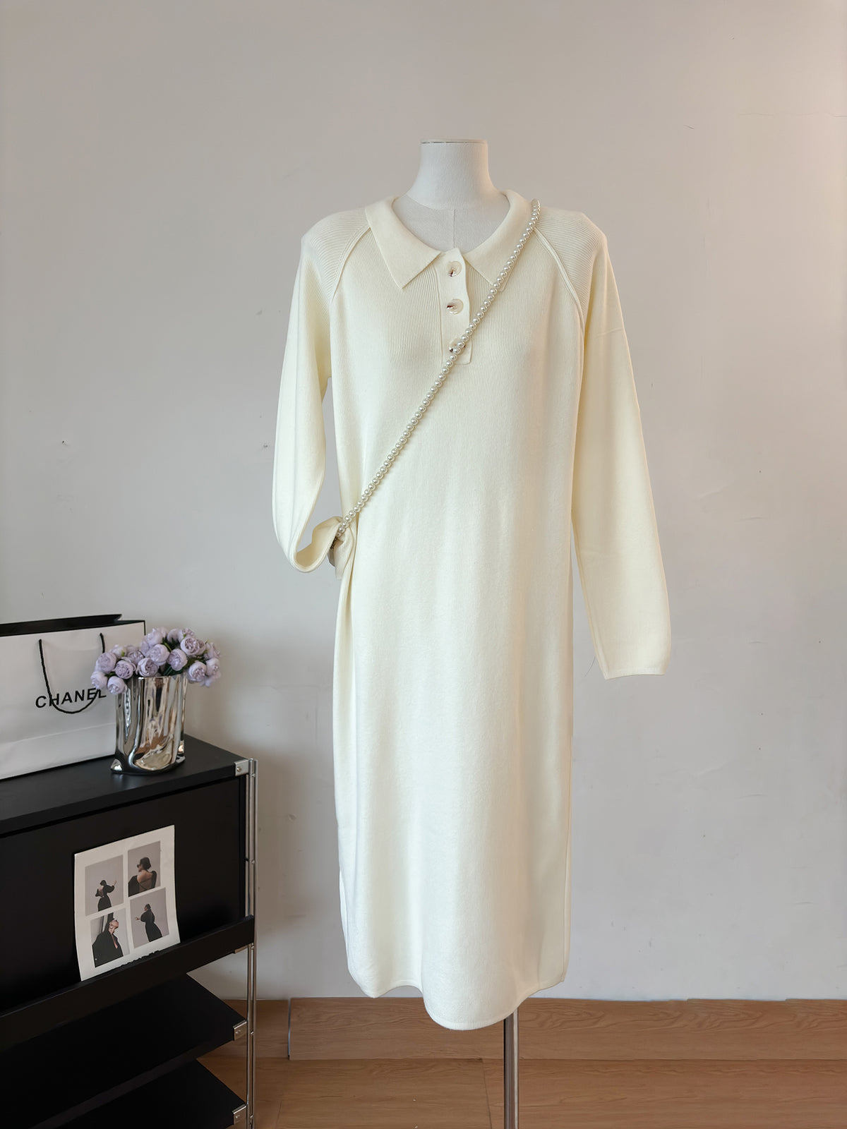 Polo Collar Button Placket Long Sleeve Knit Midi Sweater Dress 9