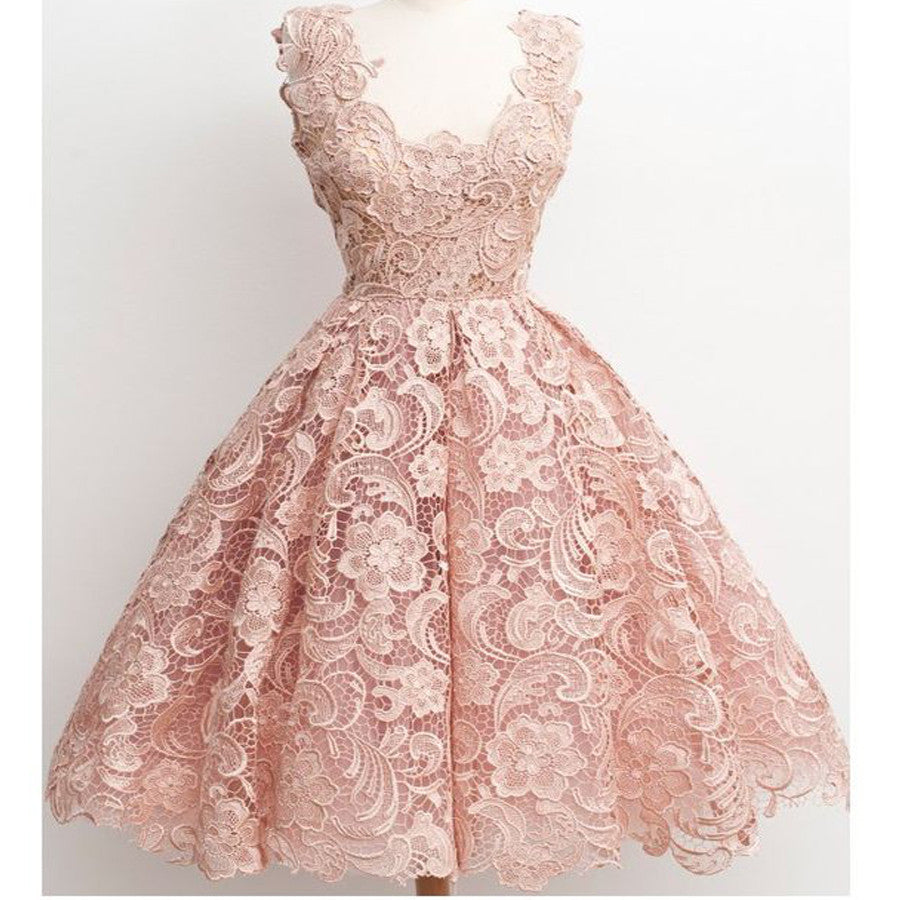 Floral Lace Scoop Neck Sleeveless Vintage Tea Length Homecoming Dress