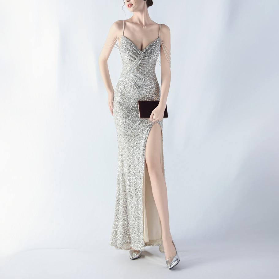 Sequin Twist Bust Spaghetti Strap Beaded Fringe High Split Evening Gown