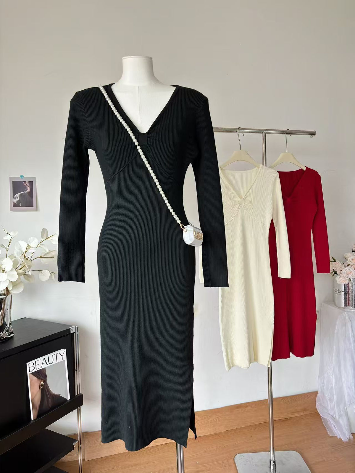 Women Spring And Autumn Long Sleeved V Neck Split Dress