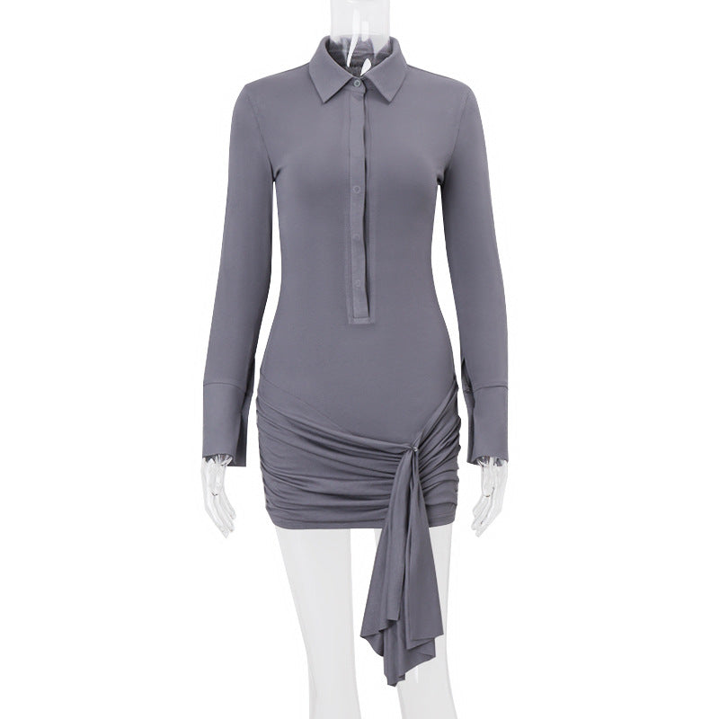 Sheer Knit Polo Collar Half Button Long Sleeve Wrap Tie Bodycon Mini Dress 5
