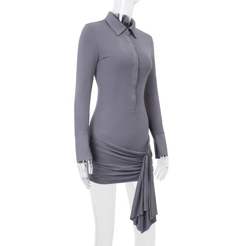 Sheer Knit Polo Collar Half Button Long Sleeve Wrap Tie Bodycon Mini Dress 6