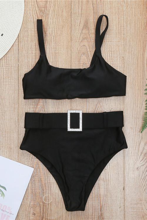 Solid High Waist Bikini Set With Belt