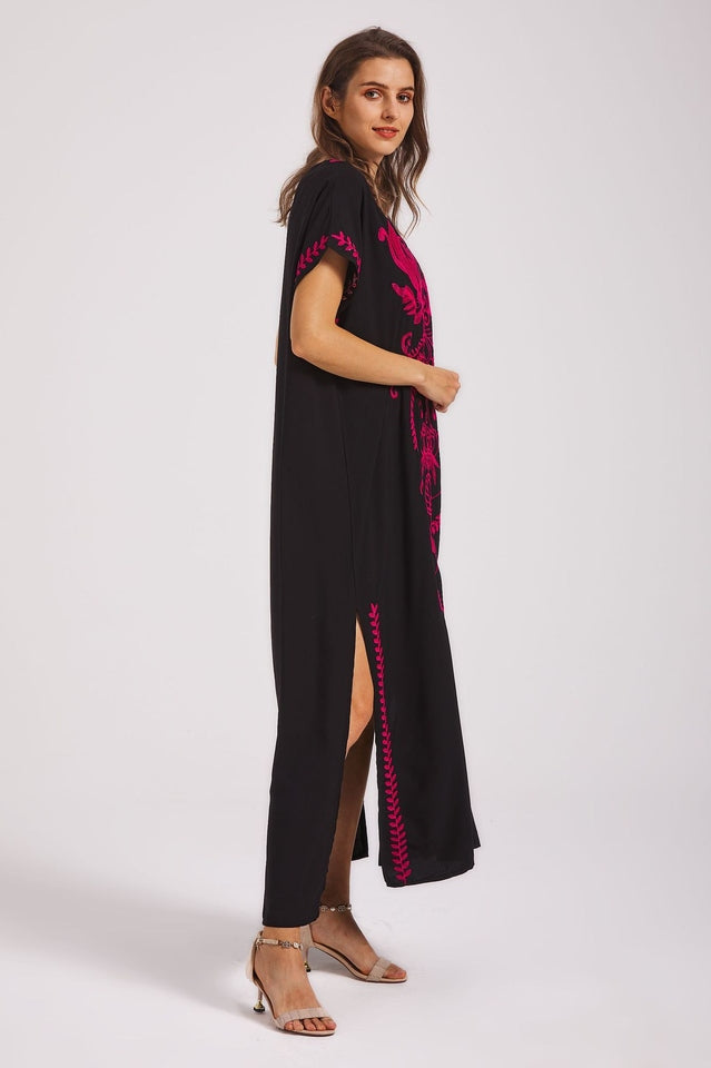 Embroidered V-Neck Short Sleeve Kaftan Maxi Dress 27