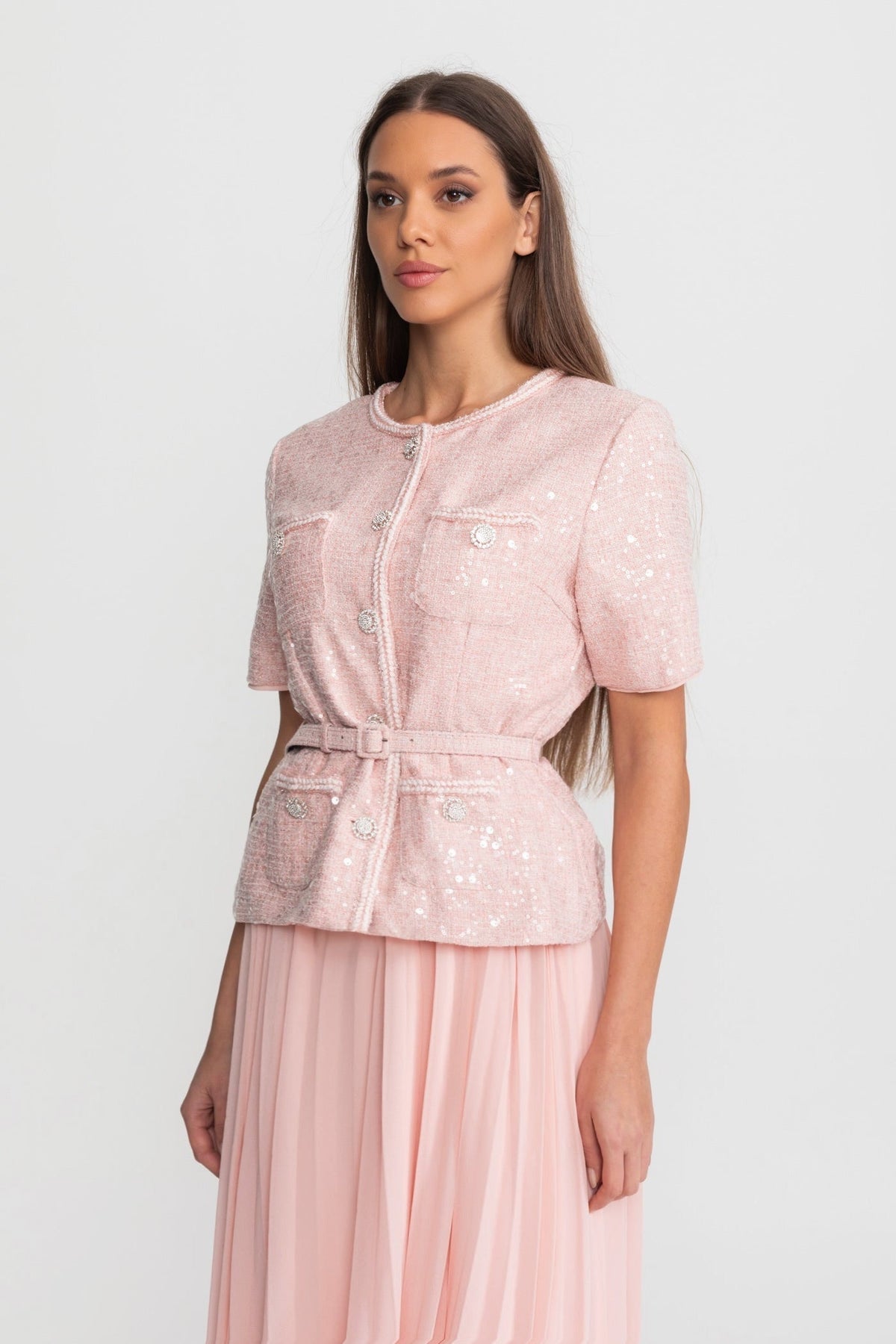 Sequin Tweed Short Sleeve Belted Pleated Chiffon Skirt Midi Dress 2