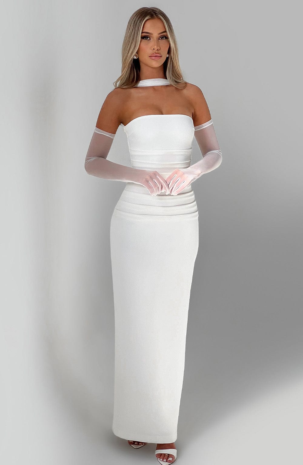 Strapless Ruched Bodycon Maxi Dress with Neck Scarf and Mesh Gloves 27