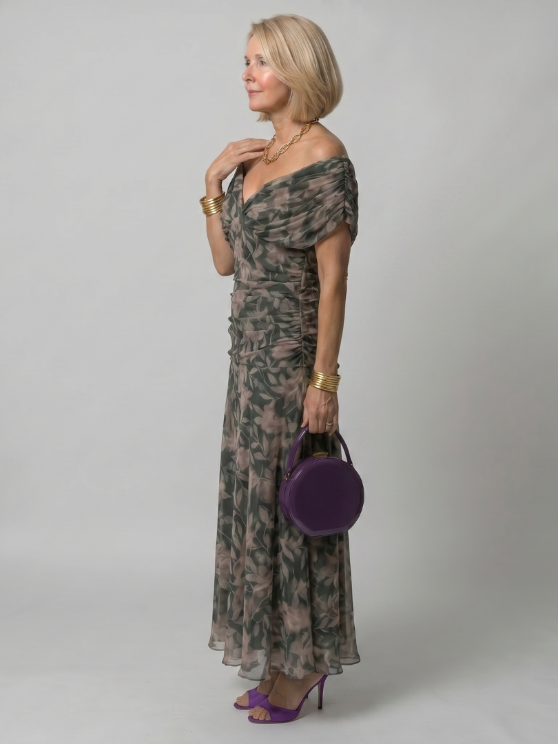 Floral Print Off Shoulder Twist Front Ruched Maxi Dress