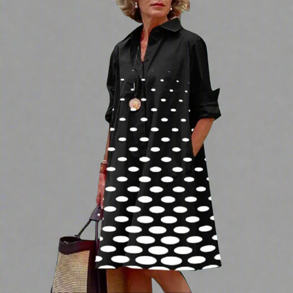 Vega - Stylish Unique Dot Print Loose Dress Black