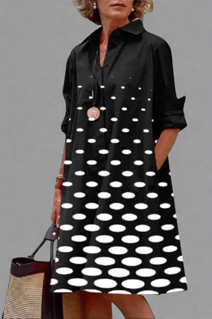 Polka Dot Collared Long Sleeve Midi Shirt Dress