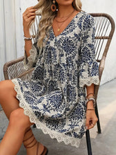 Boho Print Deep V-Neck Lace Trim Mini Dress 4