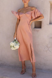 Satin Off Shoulder Puff Sleeve High Split Midi Dress 9