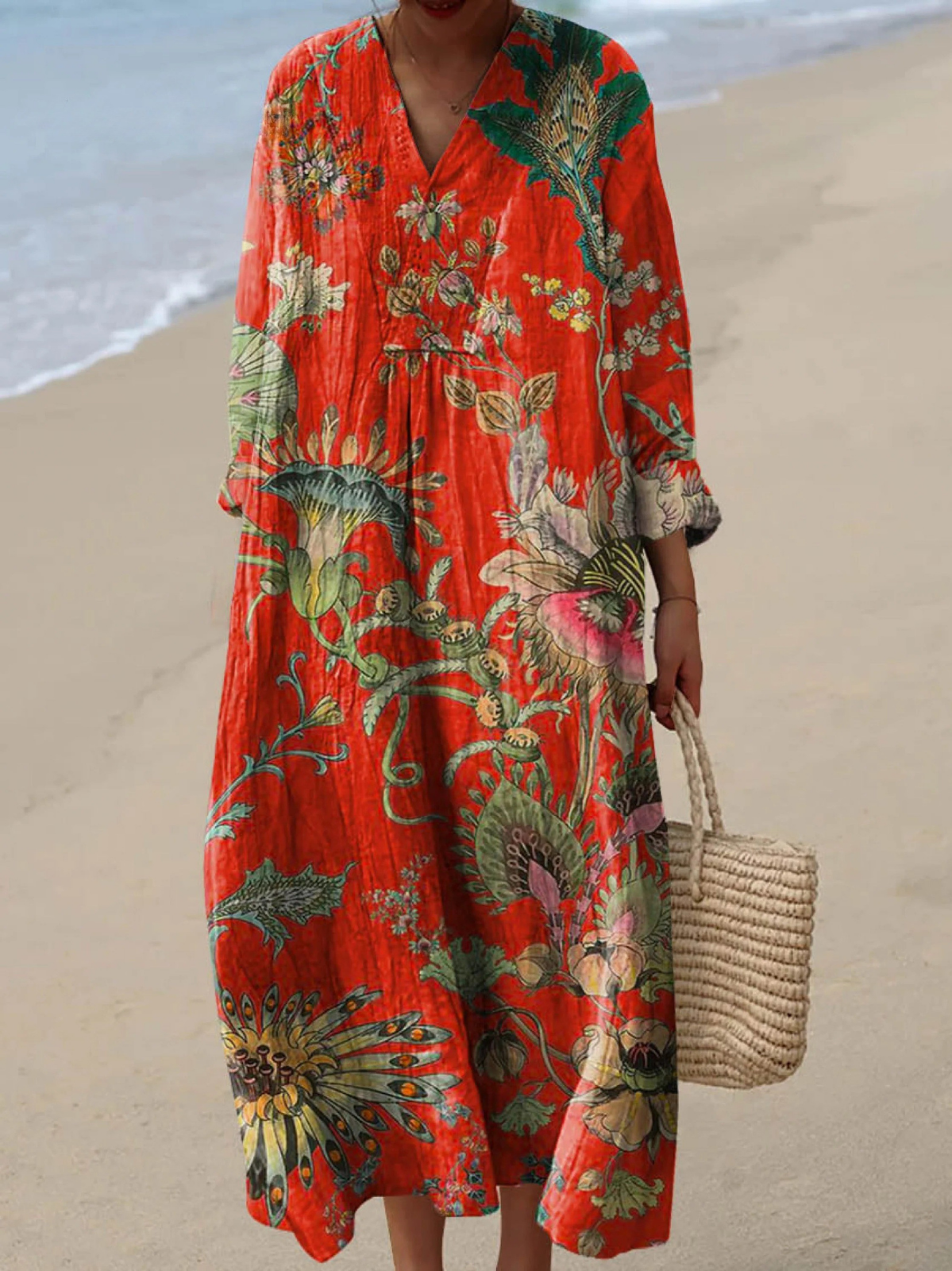 V-Neck Long Sleeve Tropical Floral Print Maxi Dress
