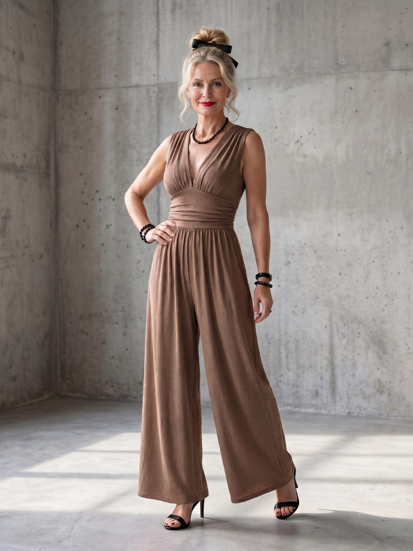 Deep V-Neck Sleeveless Ruched Waist Wide Leg Jumpsuit