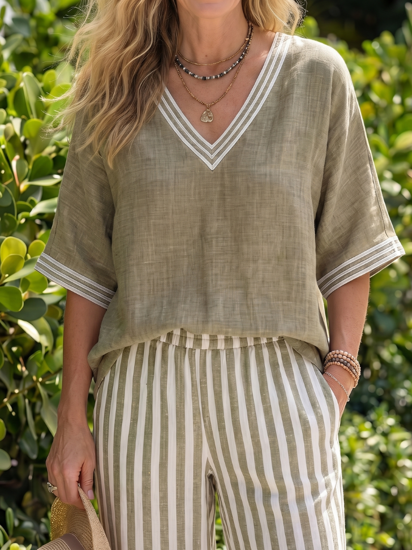 V-Neck Short Sleeve Top and Striped Wide Leg Pants Two Piece Set