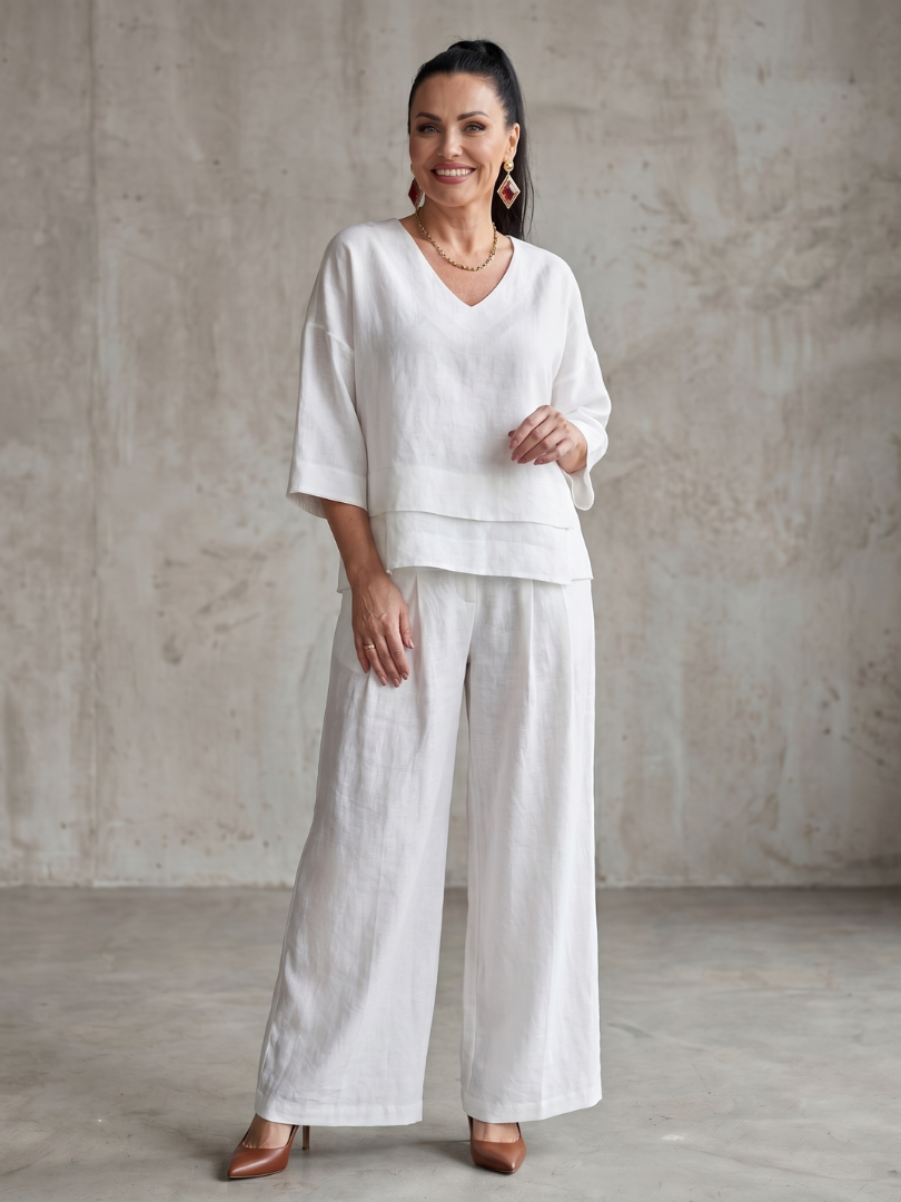 V-Neck Layered Top and Wide Leg Pants Two Piece Set