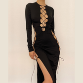 Long sleeve solid hollow out slit self tie lace up midi dress 2