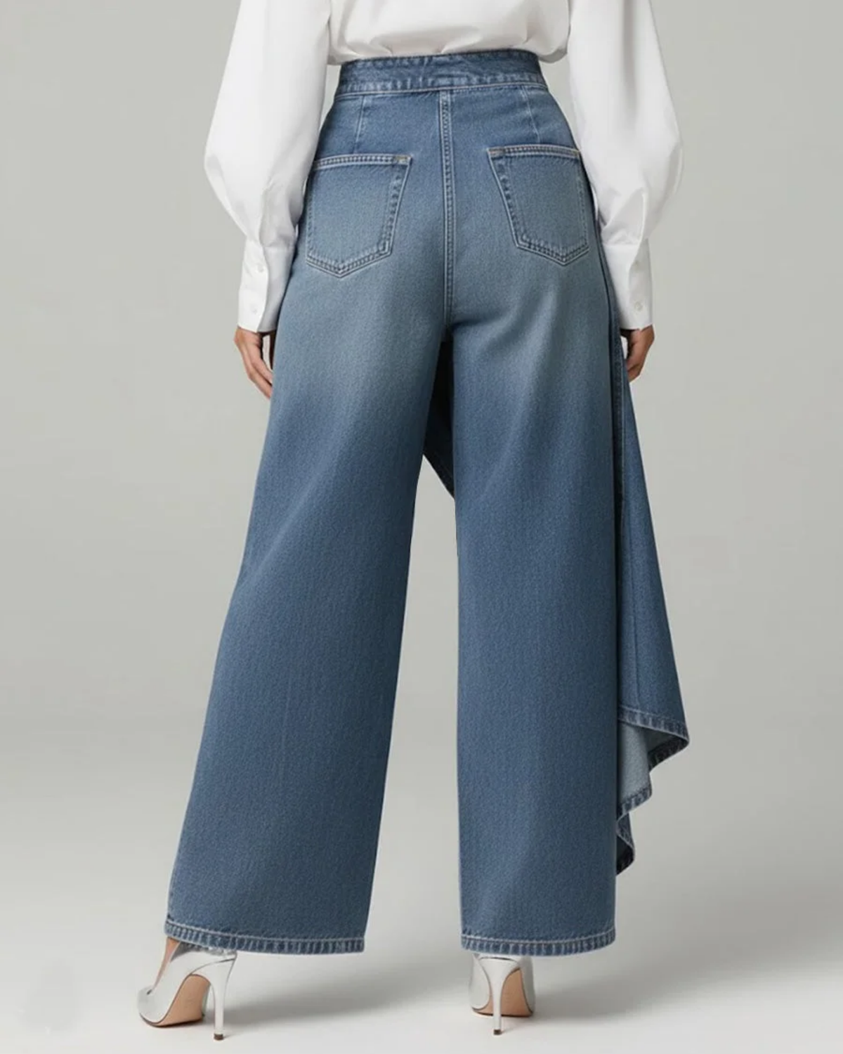 Button Front Wrap Wide Leg Denim Trousers
