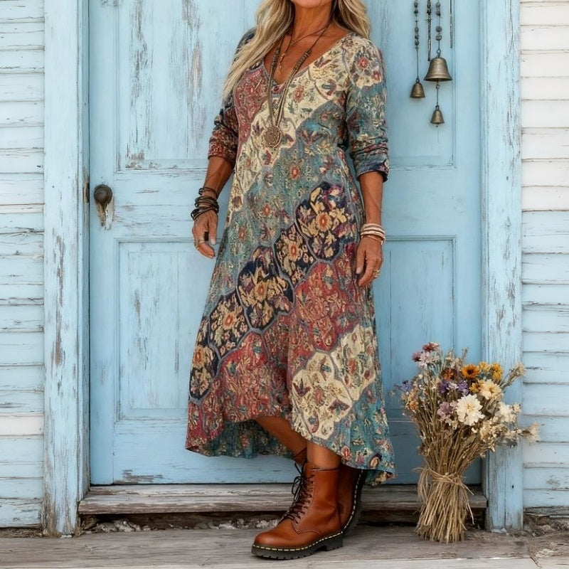 Boho Tapestry Print V-Neck Long Sleeve Maxi Dress
