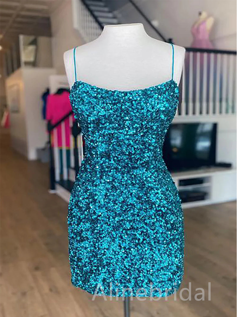 Sequin Straight Neck Spaghetti Strap Bodycon Short Homecoming Dress