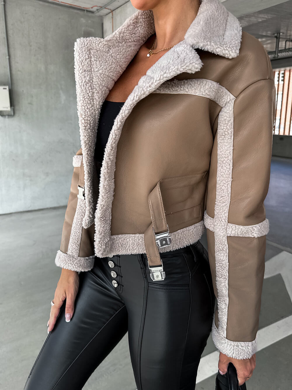 Faux Leather Fleece Trim Belted Cropped Aviator Jacket