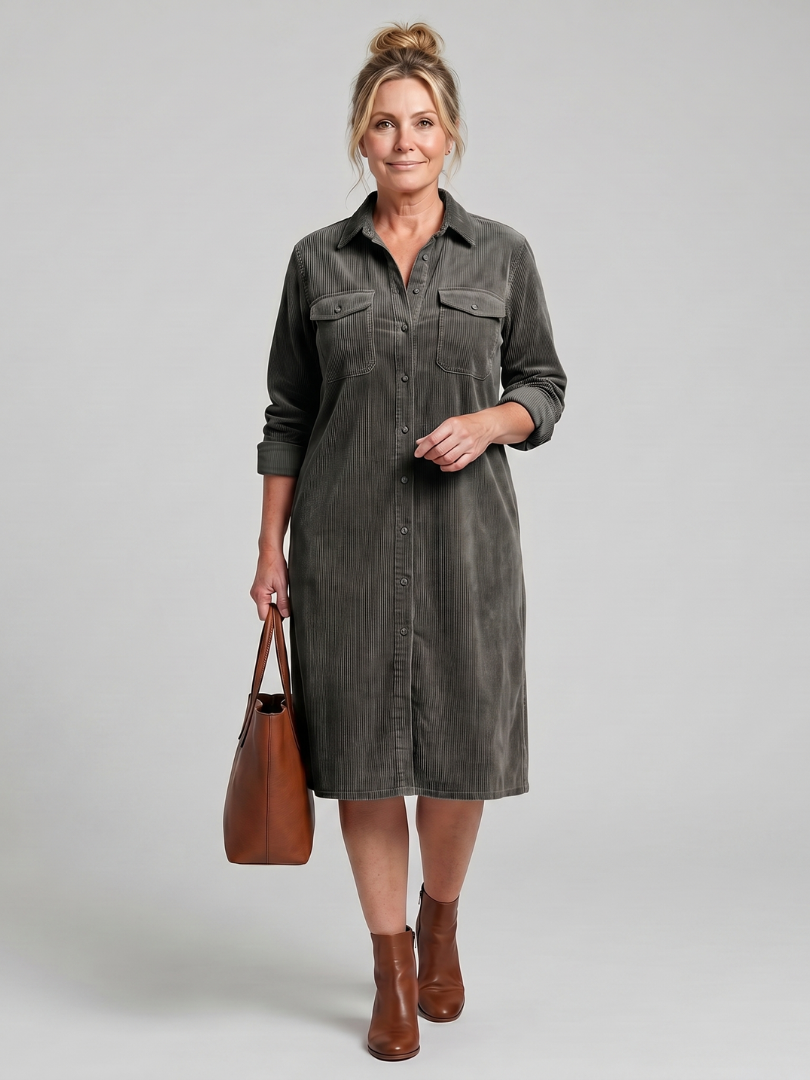 Long Sleeve Button Front Patch Pocket Corduroy Shirt Dress