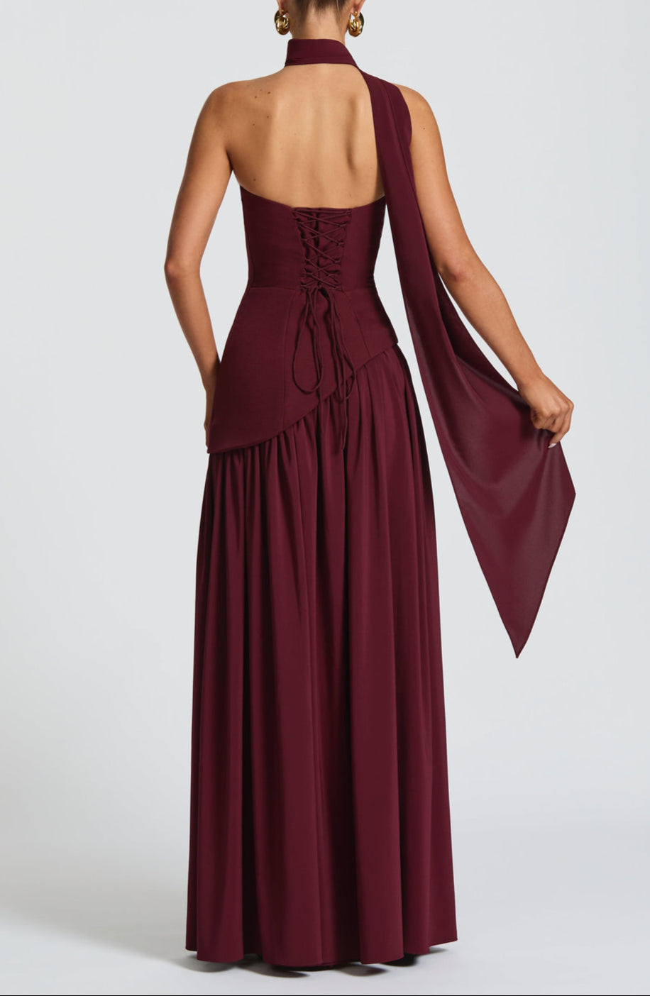 Strapless Asymmetric Drop Waist High Split Maxi Dress with Scarf 28
