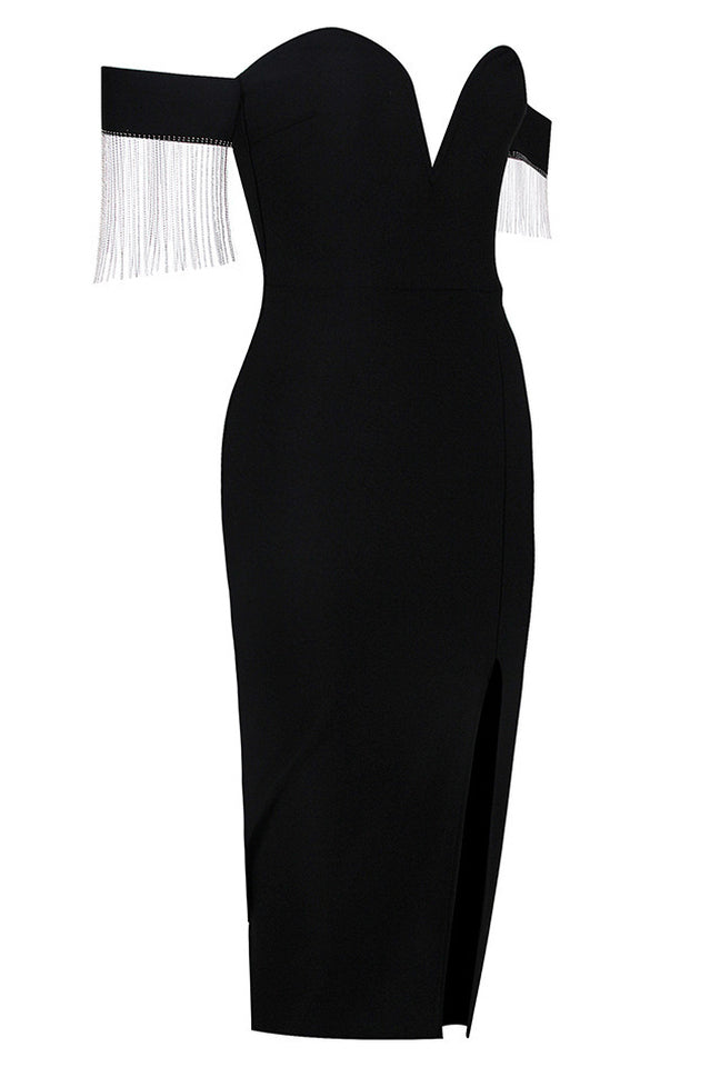 Velvet Off Shoulder Sweetheart Rhinestone Fringe High Split Midi Dress
