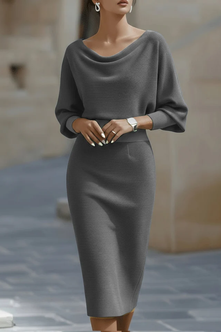 Cowl Neck Batwing Sleeve Knit Bodycon Midi Dress