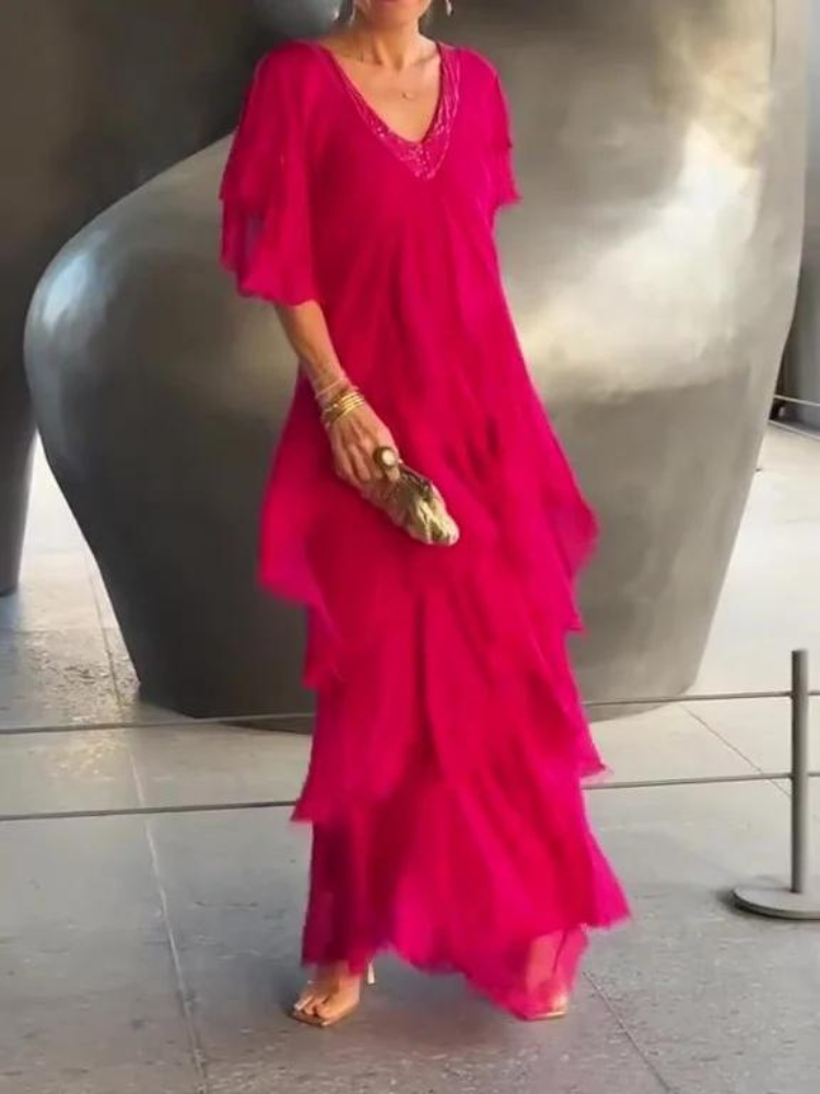 V-Neck Flutter Sleeve Tiered Ruffle Maxi Dress