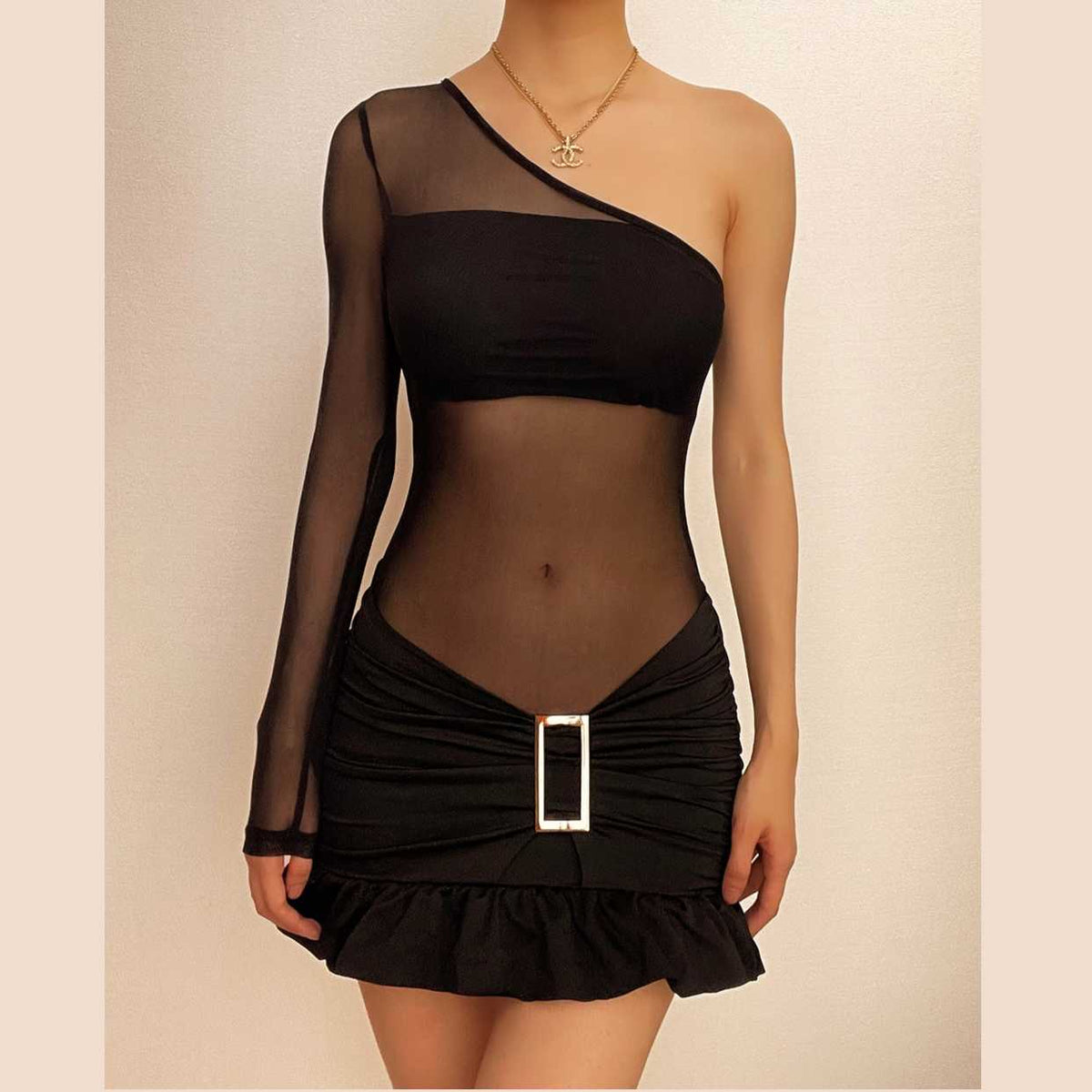 Sheer Mesh One Shoulder Long Sleeve Buckle Ruched Ruffle Hem Mini Dress