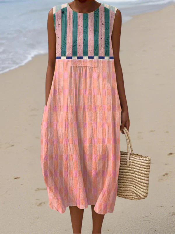 Striped Colorblock Sleeveless Midi Dress with Pockets